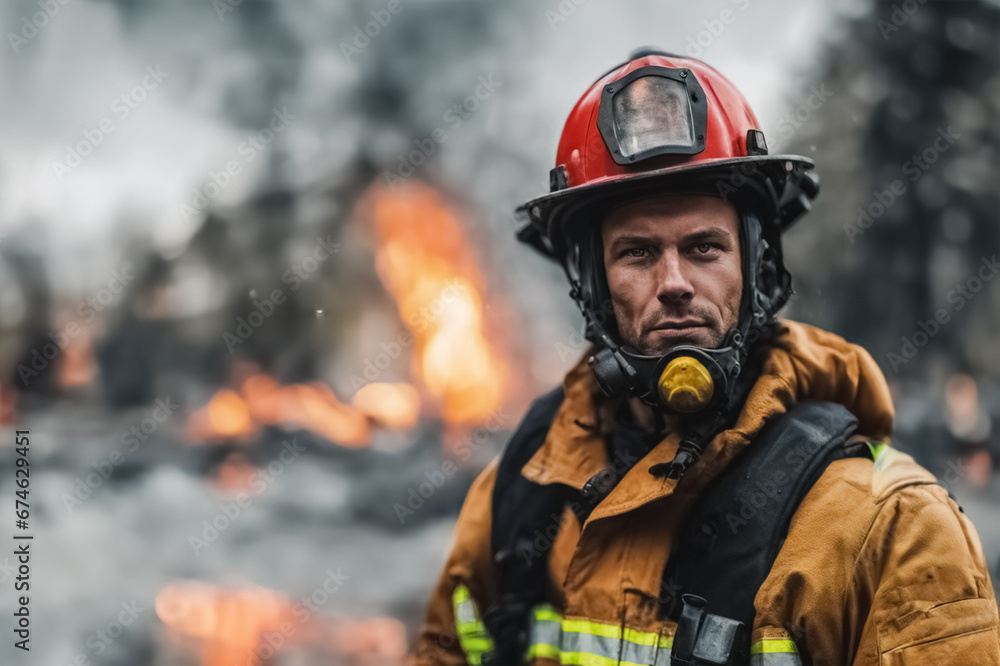 Fototapeta premium Coraggio sotto il Fuoco- Un Ritratto del pompiere