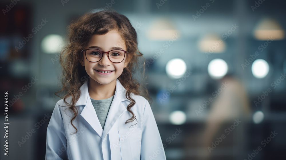 Happy girl playing to be a doctor at a hospital. Wears glasses. Ai generative Happy girl playing to be a doctor at a hospital. Wears glasses. Ai generative