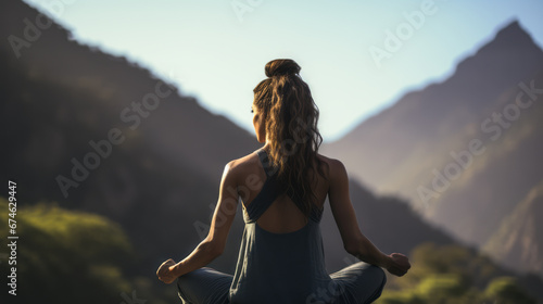 Yoga woman meditates. Mountains background. Relaxation concept. Ai generative