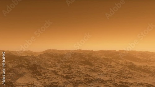 Mars landscape, 3d render animation of imaginary mars planet terrain and planets and starfield in a background. Science fiction animation.