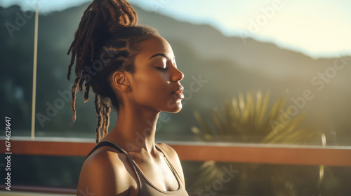 A black woman with curly hair meditates at the fresh air. Girl with closed eyes try to relax. Wears the sport suit. Yoga and fitness concept. Mountains background. Tropical location. Ai generative.