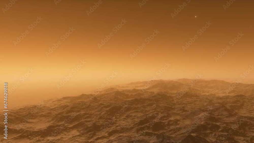 Mars landscape, 3d render animation of imaginary mars planet terrain and planets and starfield in a background. Science fiction animation.
Mars landscape, 3d render animation of imaginary mars planet terrain and planets and starfield in a background. Science fiction animation.