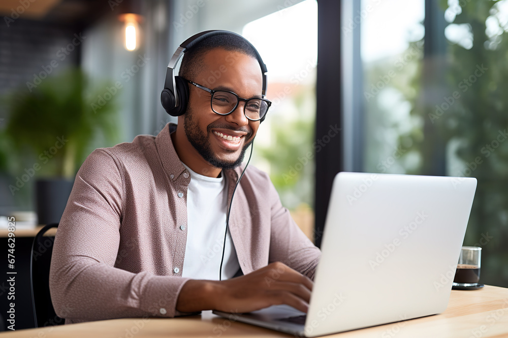 African male student wearing headphones and learning language on distance online at laptop. Sitting at desk at office. Black guy watching webinar, listening lecture. E-learning, remote education. - obrazy, fototapety, plakaty 
