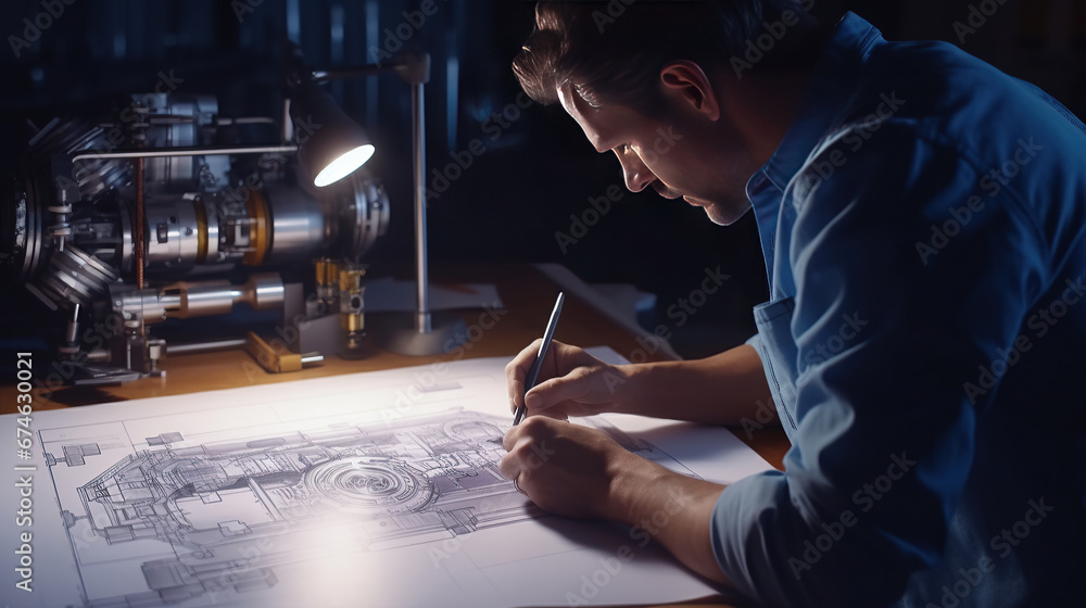 Engineer technician designing drawings mechanical parts engineering Engine manufacturing factory Industry Industrial work project blueprints measuring bearings caliper tools. - obrazy, fototapety, plakaty 