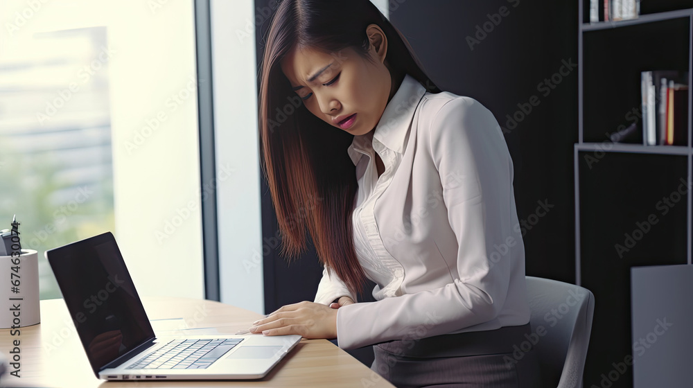 Sick and unwell millennial Asian businesswoman suffering from stomachache or abdominal pain in her office. Sick and unwell millennial Asian businesswoman suffering from stomachache or abdominal pain in her office.