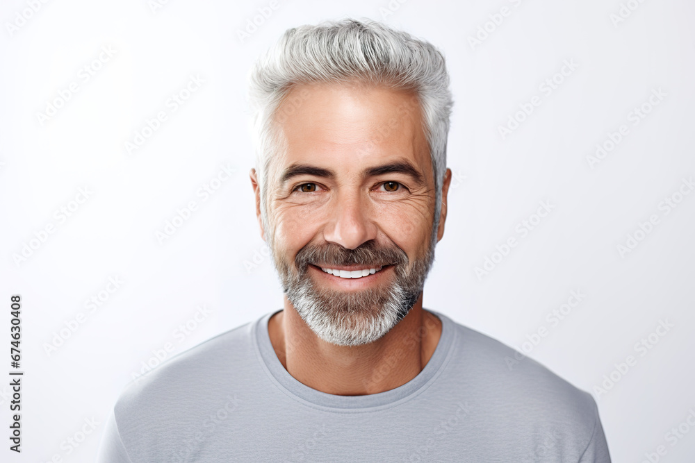 Smiling mature man wearing grey t-shirt against white background. Smiling mature man wearing grey t-shirt against white background.