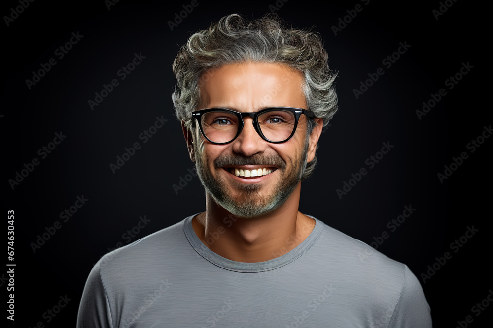 Obraz premium Handsome smiling mature man with curly hair and glasses in grey y-shirt standing isolated on black background in studio.