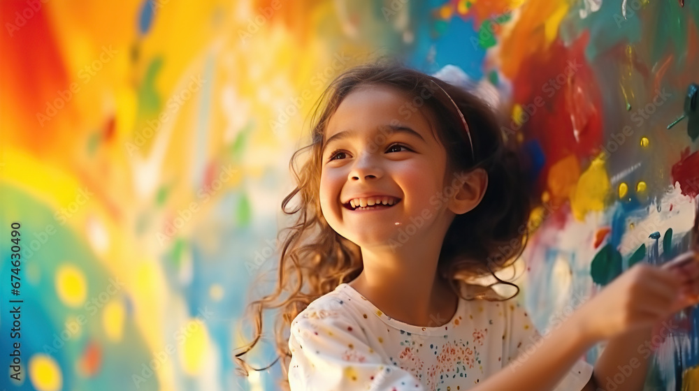 Little girl is painting the colorful rainbow and sky on the wall and she look happy and funny, concept of art education and learn through play activity for kid development. - obrazy, fototapety, plakaty 