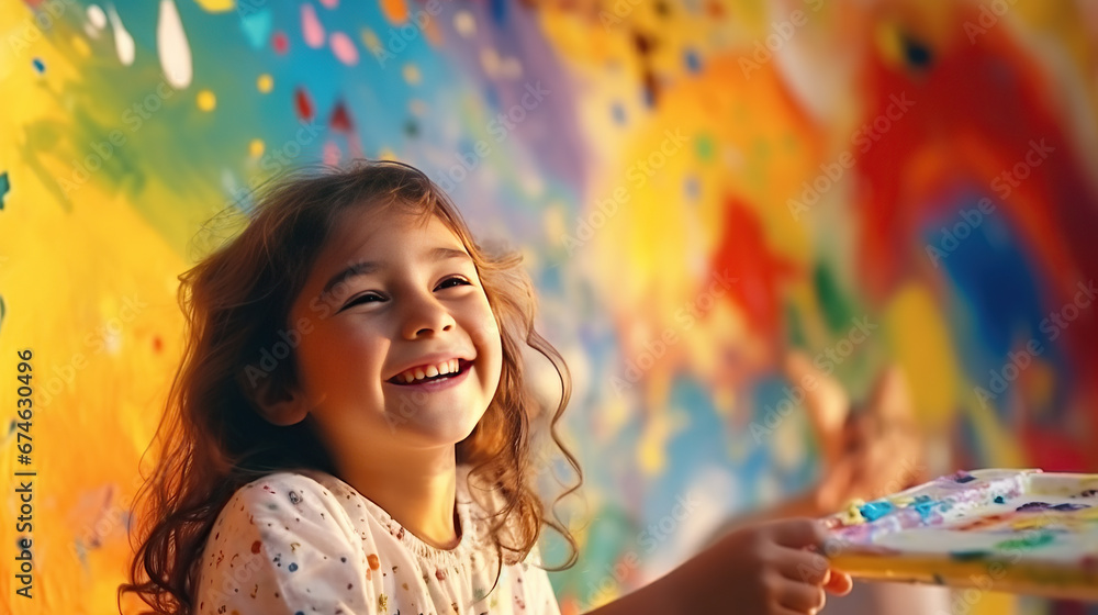 Little girl is painting the colorful rainbow and sky on the wall and ...