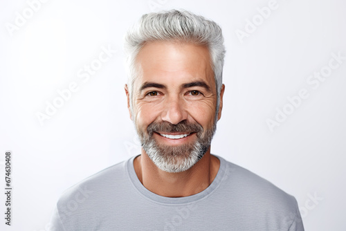 Smiling mature man wearing grey t-shirt against white background.