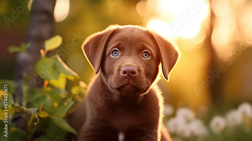 Portrait of brown cute Happy Labrador retriever puppy with sunset bokeh foliage abstract background. Adorable smile dog head shot with green spring tree leaf.
