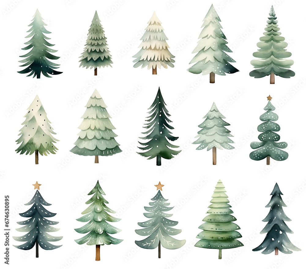 Set of watercolor Christmas trees isolated on white background.