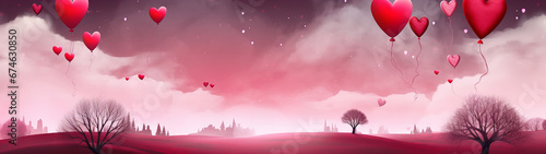 pink landscape with heart balloons banner, Valentine's Day