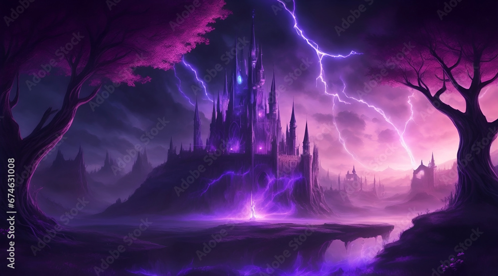 Fantasy landscape with spooky castle and tree 3d illustration