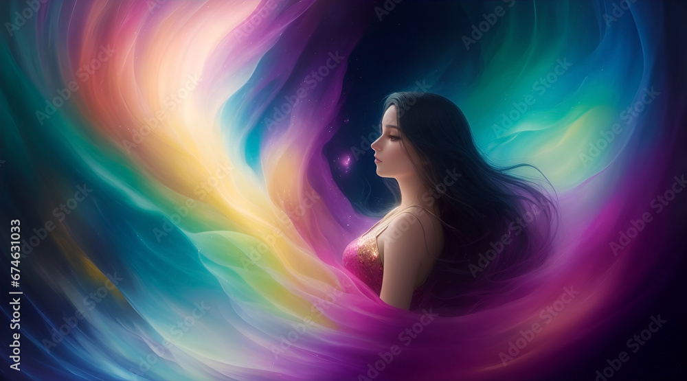 A beautiful young woman with long black hair and bright colorful waves A beautiful young woman with long black hair and bright colorful waves