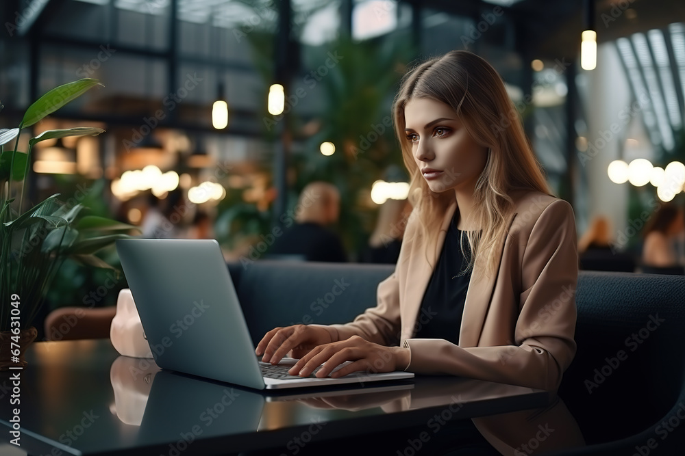 Stylish woman working on laptop computer in modern company office. Young manager browsing internet, shopping online, reading emails and social media posts from friends and colleagues. Stylish woman working on laptop computer in modern company office. Young manager browsing internet, shopping online, reading emails and social media posts from friends and colleagues.