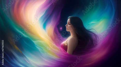 A beautiful young woman with long black hair and bright colorful waves