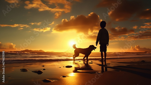 Silhouette of boy and dog playing on the beach at sunrise.
