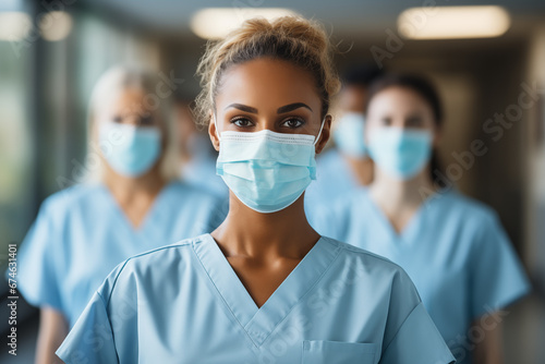 Healthcare workers in scrubs and masks