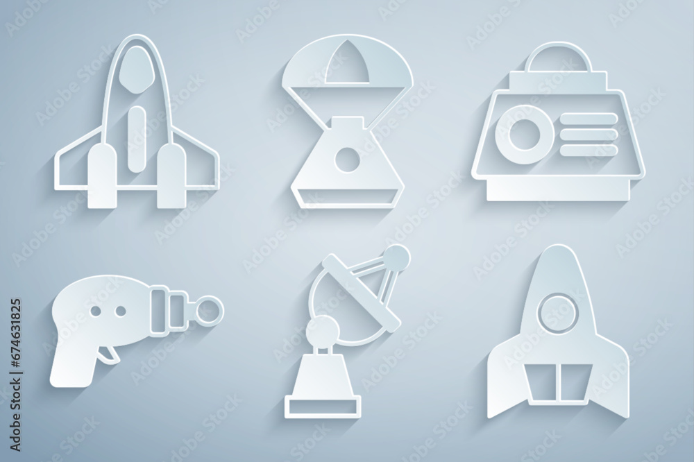 Set Satellite dish, Space capsule, Ray gun, Rocket ship, and icon. Vector Set Satellite dish, Space capsule, Ray gun, Rocket ship, and icon. Vector