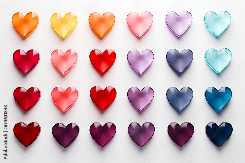 Bright glass hearts of different colors on a white background. Top view. Flat lay.