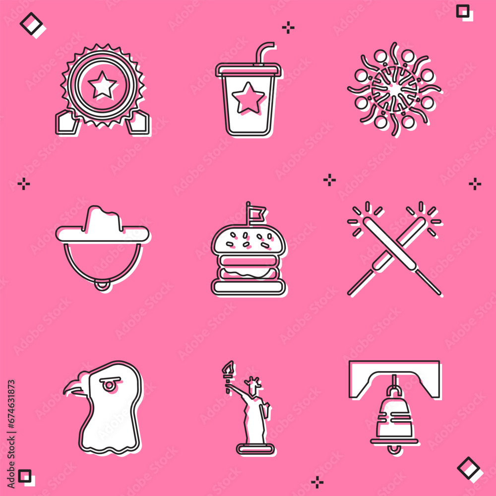 Set Medal with star, Paper glass straw, Firework, Western cowboy hat, Burger, Sparkler firework, Eagle head and Statue of Liberty icon. Vector Set Medal with star, Paper glass straw, Firework, Western cowboy hat, Burger, Sparkler firework, Eagle head and Statue of Liberty icon. Vector