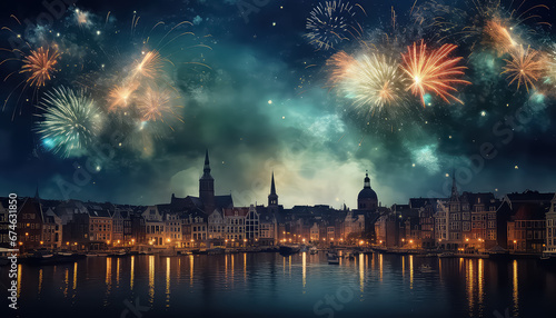 Fireworks on the modern city, the concept of Christmas and New Year