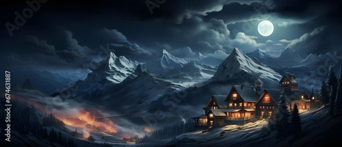 Mountain village at night in full moon light. Panorama.