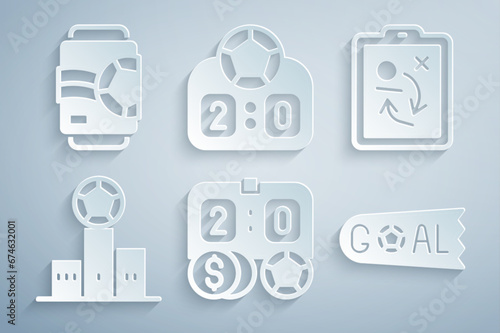 Set Football betting money, Planning strategy concept, Award over sports winner podium, Goal soccer football, Sport mechanical scoreboard and Beer can icon. Vector