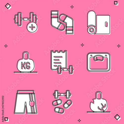 Set Dumbbell, Socks, Fitness mat roll, Weight, Sport training program, Bathroom scales, Short pants and Sports doping with dumbbell icon. Vector