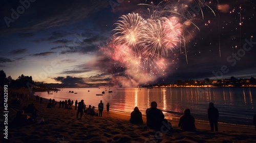 Beautiful festive fireworks. People watch the launch of beautiful fireworks