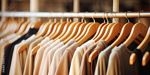 Wooden hangers in a row with light clothing in the store. Hangers hanging on a metal tube