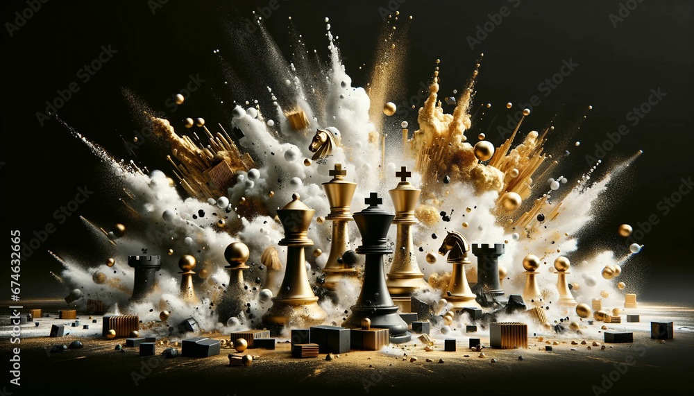 White and golden epic chess battle - obrazy, fototapety, plakaty 