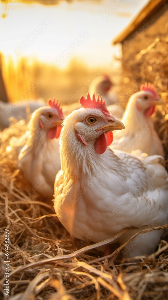 Fototapeta premium chickens sitting on chicken eggs on chicken farm