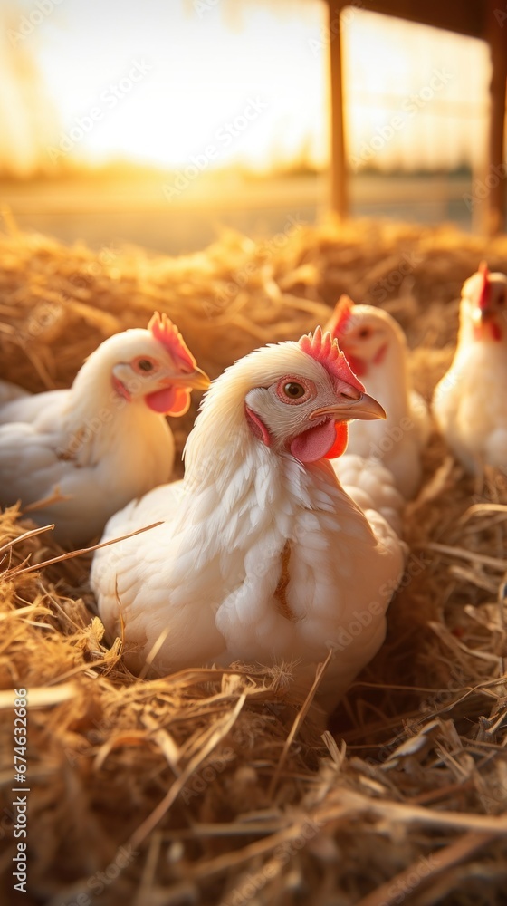 Fototapeta premium chickens sitting on chicken eggs on chicken farm