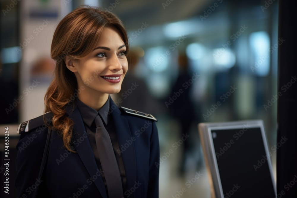 Photo of a beautiful smiling airport employee at the passenger check-in counter in a business suit Photo of a beautiful smiling airport employee at the passenger check-in counter in a business suit