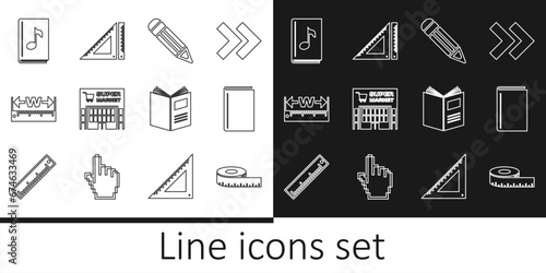 Set line Tape measure, Book, Pencil, Supermarket building, Measuring height and length, Audio book, Open and Triangular ruler icon. Vector
