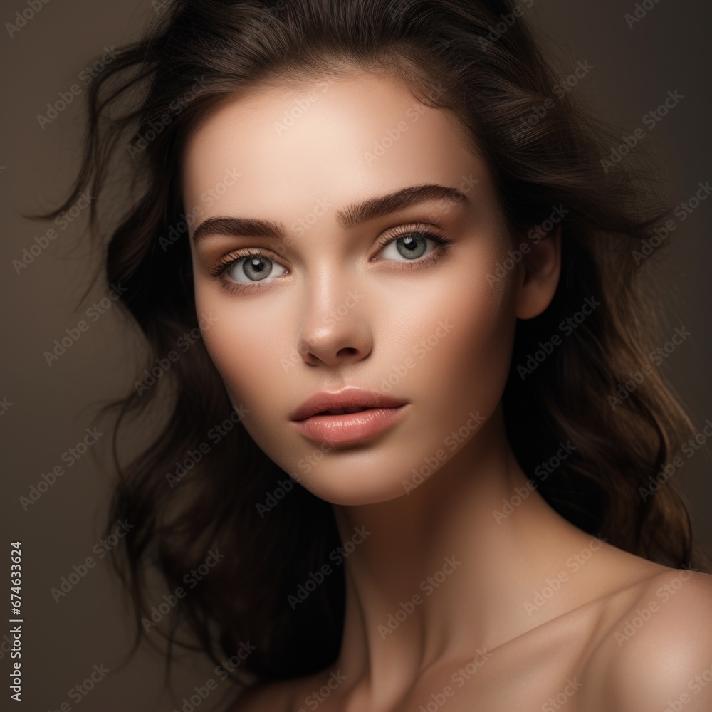 Fototapeta premium Fashion portrait closeup of a beautiful woman with natural makeup and wavy hair