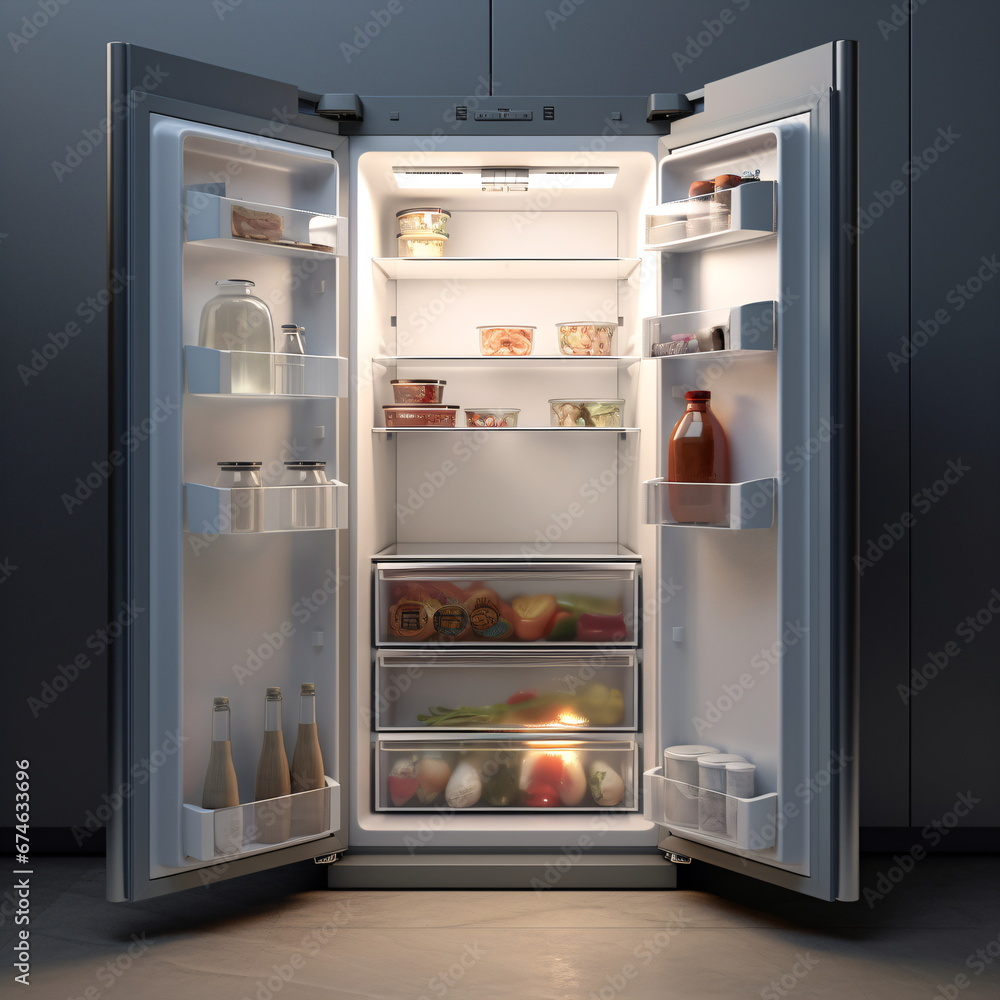 Modern refrigerator near light grey wall. Realistic modern kitchen home appliance, isolated fridge machine, freezer. gray colored metal devices front view. Generative ai Modern refrigerator near light grey wall. Realistic modern kitchen home appliance, isolated fridge machine, freezer. gray colored metal devices front view. Generative ai