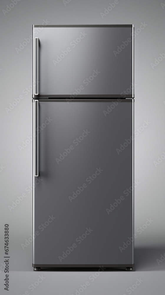 Modern refrigerator near light grey wall. Realistic modern kitchen home appliance, isolated fridge machine, freezer. gray colored metal devices front view. Generative ai Modern refrigerator near light grey wall. Realistic modern kitchen home appliance, isolated fridge machine, freezer. gray colored metal devices front view. Generative ai
