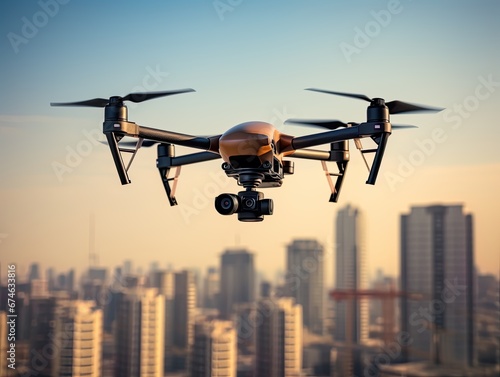 Drone quad copters flying aerial over spectacular sunset orange sky. Cityscape with sun