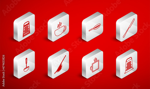 Set line Grater, Coffee cup, Frying pan, Knife, Kitchen colander and ladle icon. Vector
