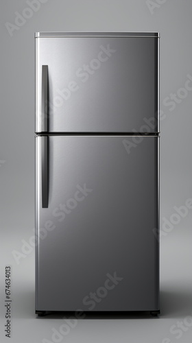 Modern refrigerator near light grey wall. Realistic modern kitchen home appliance, isolated fridge machine, freezer. gray colored metal devices front view. Generative ai photo