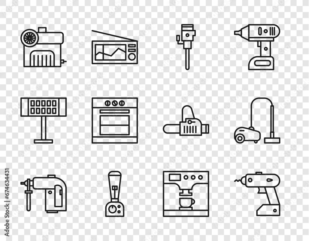 Set line Rotary hammer drill machine, Electric cordless screwdriver, Construction jackhammer, Blender, Air compressor, Oven, Coffee and cup and Vacuum cleaner icon. Vector Set line Rotary hammer drill machine, Electric cordless screwdriver, Construction jackhammer, Blender, Air compressor, Oven, Coffee and cup and Vacuum cleaner icon. Vector