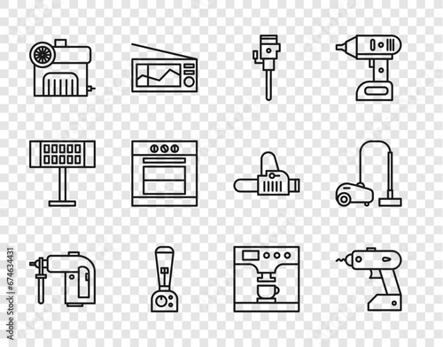 Set line Rotary hammer drill machine, Electric cordless screwdriver, Construction jackhammer, Blender, Air compressor, Oven, Coffee and cup and Vacuum cleaner icon. Vector