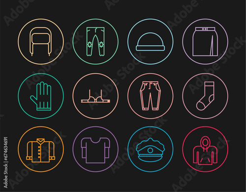Set line Hoodie, Socks, Beanie hat, Bra, Leather glove, Winter with ear flaps, Pants and icon. Vector