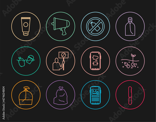 Set line Disposable plastic knife, Problem of pollution planet, No bottle, Nature saving protest, the ocean, Cream cosmetic tube, Megaphone mobile and Spread word, megaphone icon. Vector