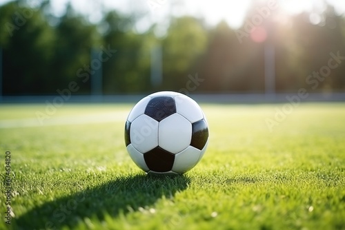 A soccer ball placed on a green field in a soccer stadium, ready for a game in front of the soccer goal