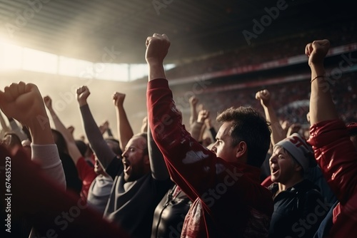 Crowds in the stands of a soccer stadium, cheering and shouting