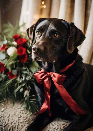 Labrador Retriever Dog Portrait Sitting on an Upholstered Sofa Surrounded by Lush Red and Green Holiday Christmas Florals 